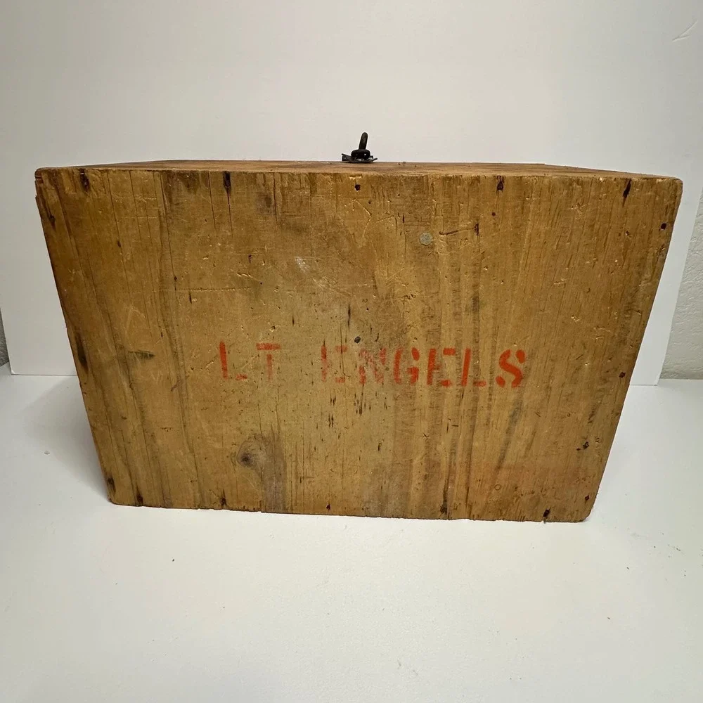 Vintage Small Wooden Military Footlocker Storage Chest Brown LT Engels Stencil